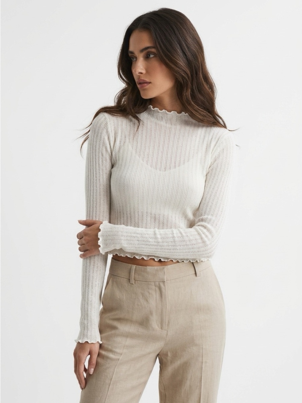 Project Social T Mock Neck Lettuce Hem Ribbed Pointelle Top Cream Size M